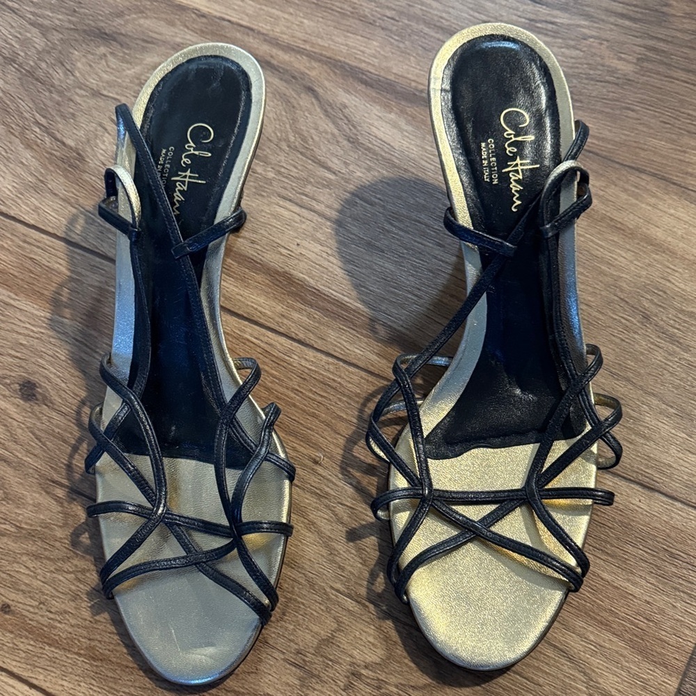 Cole Haan Women's Black and Gold Strappy Heels